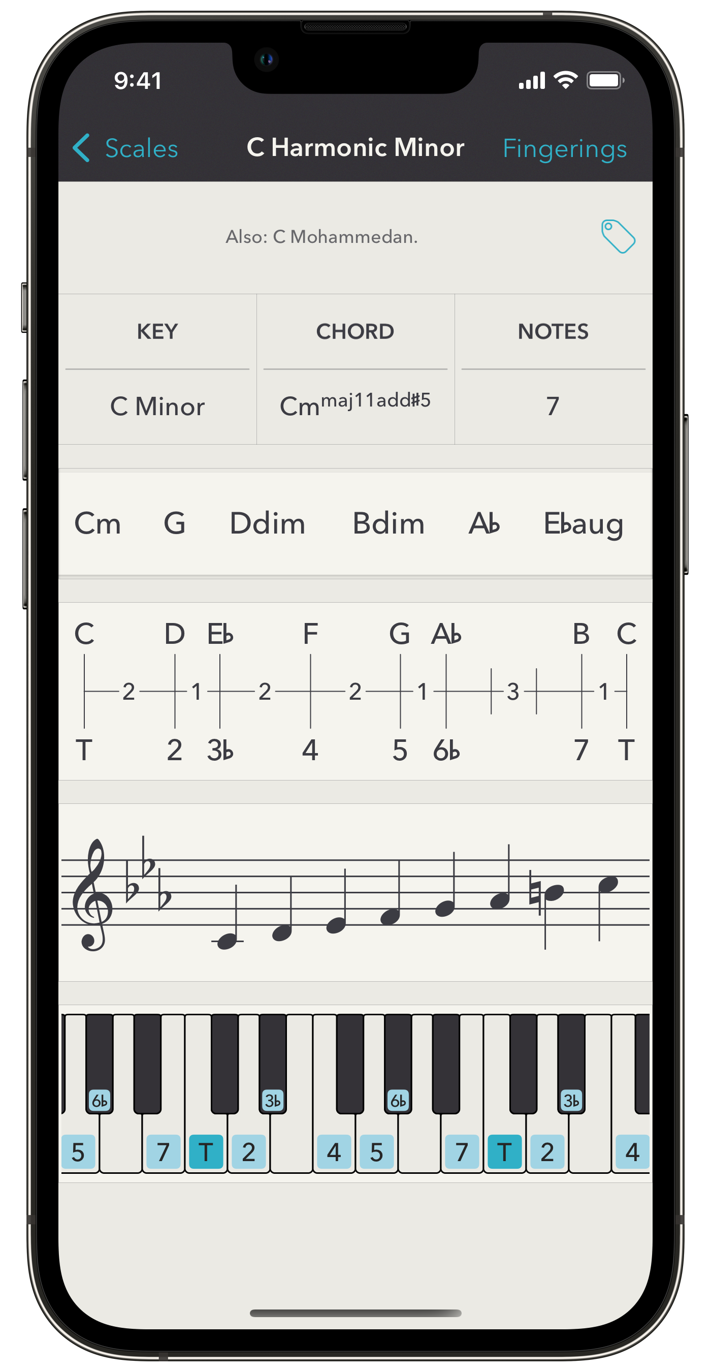 C harmonic minor scale on iPhone